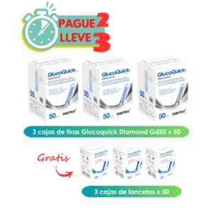 Pague 2  Lleve 3 cajas x 50 Tiras Glucoquick Diamond GD50 GRATIS 3 cajas de lancetas x 50