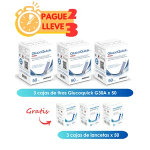 Pague 2  Lleve 3 cajas x 50 Tiras Glucoquick G30A GRATIS 3 cajas de lancetas x 50
