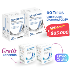 Oferta Tiras Glucoquick Diamond GD50 2 Cajas X 30 GRATIS 2 cajas de lancetas x 30