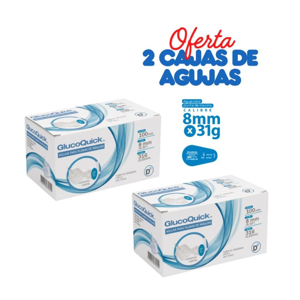 Pack de 2 cajas de agujas GlucoQuick 8mm x 31G para esfero de insulina