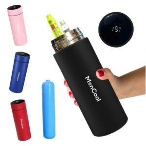 Botella enfriadora de insulina MonCool con pantalla de temperatura en grados centígrados y biogel